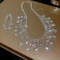 Detailed view of silver tassel necklace and earring set with shimmering zircons - 46# Round Flower Tassel - Silver (2-Piece Set)