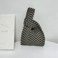 Japanese style black and white wave pattern knitted knot bag with asymmetrical handles - Wave Black Beige