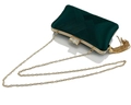 Detail of dark green satin evening clutch with gold frame, rhinestone clasp and fringe - Dark Green