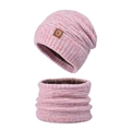 Winter knit hat and neck warmer set in pink and lilac two-tone with warm fleece lining - Pink