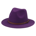Kids purple wide brim felt fedora hat featuring a brown leather band and metal buckle - Purple