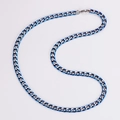 Detail view of 7mm blue stainless steel NK chain necklace with brushed metal finish - Brushed Cuban Link Style / Blue Necklace