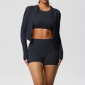 Three-piece black yoga set with long sleeve zip jacket, sports bra, and high-waist shorts - S / Black