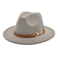 Classic gray wool fedora hat with brown leather band and gold horsebit metal buckle - Light Gray / M (56-58cm)