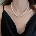 Elegant pearl necklace with silver metal tube accent on female model neck - Silver Curved Tube Spliced Pearl Style (1# Necklace-White)