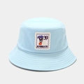Detail of light blue cotton bucket hat featuring a vintage stamp patch and clean stitching - M (56-58cm) / Light Blue