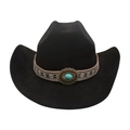 Black western cowboy hat with turquoise stone and ethnic embroidery decorative band - One Size / Oval Blue Stone Decoration / Black