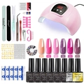 Kit de uñas con lámpara UV/LED rosa, 6 esmaltes de gel, base top coat y accesorios - Juego (Esmalte en Gel/Lámpara de Uñas/Herramientas Básicas) (1)
