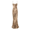 Slim fit beige satin dress with dark brown floral print and elegant cowl neck design - XS / Apricot