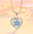 S925 silver heart necklace with blue gemstone pendant and white zircon pavé setting - Double Heart Nesting Blue Zirconia Pendant + O-Chain