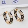 Golden leopard print huggie hoop earrings with micro-paved black and amber zircons - Exquisite Huggie Leopard-EC04-1