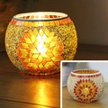 Golden and orange mosaic glass candle holder with handmade star pattern in spherical shape - Orange Flowers Large