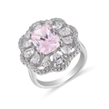 Macro detail of silver ring featuring a large pink cushion cut stone with floral halo - Pink Cushion Gem