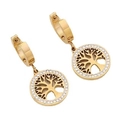 Golden Tree of Life hoop earrings with white zircon accents in vintage stainless steel - Gold