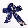 Dark blue satin skinny scarf with golden horse chain pattern tied in a bow - S46-Dark Blue Vintage Harness