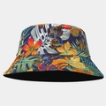Detail showing tropical floral pattern with palm leaves on a navy reversible bucket hat - Tropical Palm Leaf Floral Style (4#色)