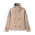 Korte double-breasted wollen jas in camel met hoge kraag en schouderbanden voor dames - S / Abrikoos