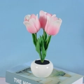 Detail of pink LED tulip night light in a white ceramic pot on a book over blue background - Style C-3 Heads-Pink-Battery