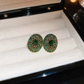 Elegant oval emerald green zircon stud earrings in a vintage gold-tone setting - 41# Vintage Luxury Oval Rhinestone Style / Antique Gold Green