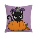 Close-up of Halloween purple cushion cover with black cat and pumpkin cartoon pattern - Black Cat Sitting on Pumpkin