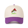 Detail view of a two-tone baseball cap with a mushroom embroidery and curved purple brim - Adjustable / Purple