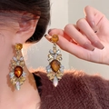 Vintage long drop earrings featuring amber teardrop stones and champagne crystals - A2133 Gold