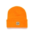 Vibrant orange ribbed knit beanie for kids with a gray square smiley face patch - Orange