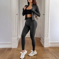 Ensemble de sport 2 pièces pour femmes avec veste zippée gris anthracite et legging taille haute - S / Gris foncé