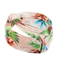 Pink bohemian yoga headband with vibrant tropical floral pattern and front knot detail - Pink Background Tropical Floral (50)