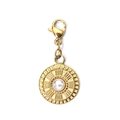Macro shot of gold circular pendant with pearl inlay and lobster clasp on white background - Lobster Clasp Pearl Pendant