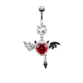 Detailed shot of devil heart belly ring with red gemstone and black bat wing charms - Stainless Steel/Zirconia / #2 Red Heart Devil Wings Belly Button Ring