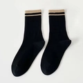 Classic black mid-calf cotton socks with beige and black striped cuffs for daily sport - One Size (EU 35-40) / Black (1 Pair)