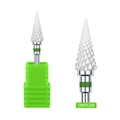 Detail of white ceramic nail drill bit with green identification ring and base - Green Ring Small Corn Style (OMTC09)