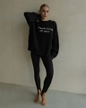 Detail of black oversized knit sweater featuring white Alson Club letter print on front - S / Black
