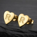 Golden heart-shaped stainless steel stud earrings featuring an engraved letter R detail - Letter R / Gold