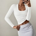 Chic Y2K style white knitted long sleeve top with U-shaped neckline for women - S / White