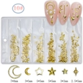 Detail of 6-grid gold metal nail art kit with moon, star, and cross shapes - GZMD-10 Gold Moon Stars