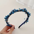 Navy blue crystal headband with pearls and rhinestones on thin metal band - Blue Bead Wrap