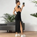 Elegant backless black knitted dress with high side slit and slim fit for summer style - S / Black