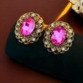 Vintage gold oval stud earrings with pink gemstone and rhinestones in flower pattern - Gold with Pink Gemstone (Silver Needle)