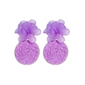 Purple flower resin earrings with woven raffia circles for women and fashion accessory - Purple Flower Round Woven Base Stud Earrings