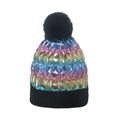 Gorro de punto metálico arcoíris con pompón de pelo sintético negro y borde elástico - M(56-58cm) / Colorido
