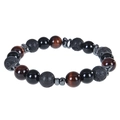 Detailed macro view of 8mm natural lava rock, tiger eye, and hematite beaded bracelet - Red Tiger Eye Bracelet
