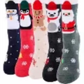 Set of 5 Christmas novelty socks with animal patterns in navy, red, white, black, and grey - Snowflake Christmas Terry Style