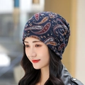 Women's warm winter beanie with dark blue paisley pattern in a bohemian knitted style - Standard / Navy Paisley Cashmere-like