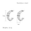Silver C-shaped stainless steel woven earrings with small zircon stones and size info - Silver Style (LE3522)