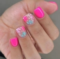 Short square press-on nails with hot pink finish and hand-painted floral art - Neon Pink Hand Painted Floral (CW255)