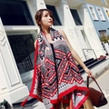 Ethnic style cotton linen scarf in red and black geometric patterns with fringe - Red and Black Geometric Style (37104)