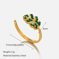 Adjustable leaf-shaped ring in gold stainless steel with sparkling green crystals - Adjustable Open / Gold