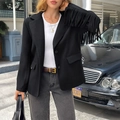 Chaqueta negra elegante de manga larga con detalles de flecos en la manga para mujer - S / Negro